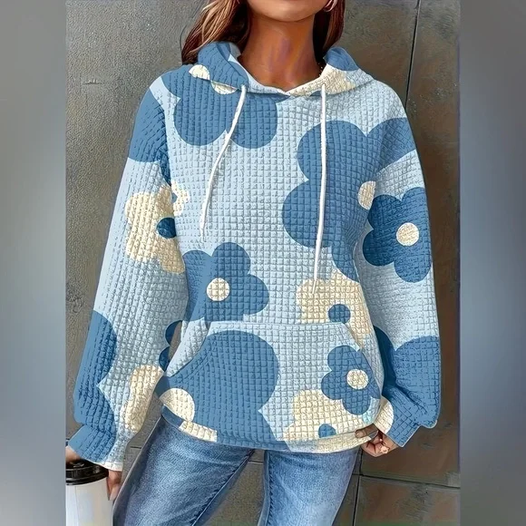 Floral Print Textured Drawstring Hoodie - Picture 4 of 11